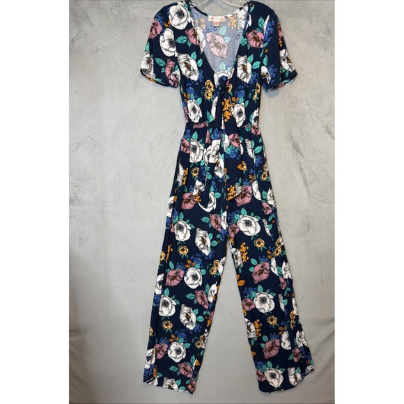 Band of Gypsies Pants - Band of Gypsies Womens XS Floral Jumpsuit Navy Wide Leg Tie Front Boho